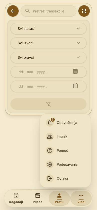 Meni „Više“ u donjoj traci
